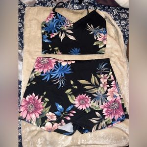 Blue blush black floral matching skort and top set